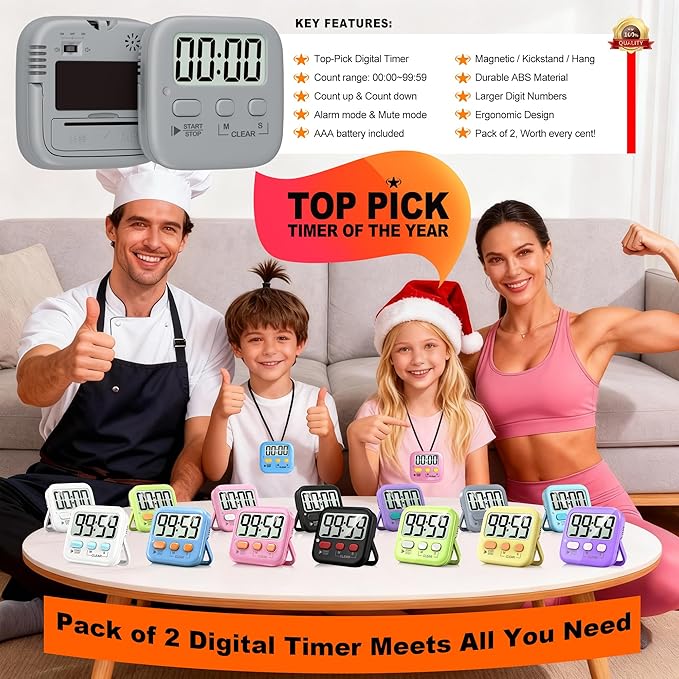 Antonki 2 Pack Digital Timer for Kids, Magnetic Countdown Kitchen Timers for - Image 8