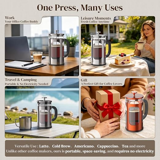 Veken French Press Coffee Maker 34oz, No Plastic Touching Cafe, Thickened Glass - Image 3