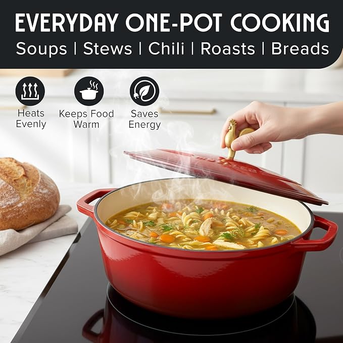 MUELLER HOME 5.5 Quart Enameled Cast Iron Oval Dutch Oven w Rooster Knob & - Image 6