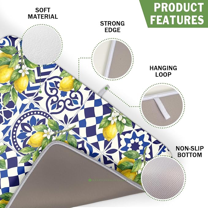 Lemon and Blue Tile Dish Drying Mat 16x18 Inch Absorbent Reversible Mexican - Image 3