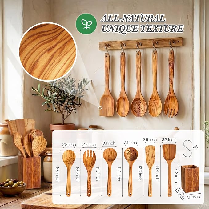 Qinyoung 10 Pack Olive Wood Cooking Utensils Olive Wood Kitchen Utensils Mixing - Image 2