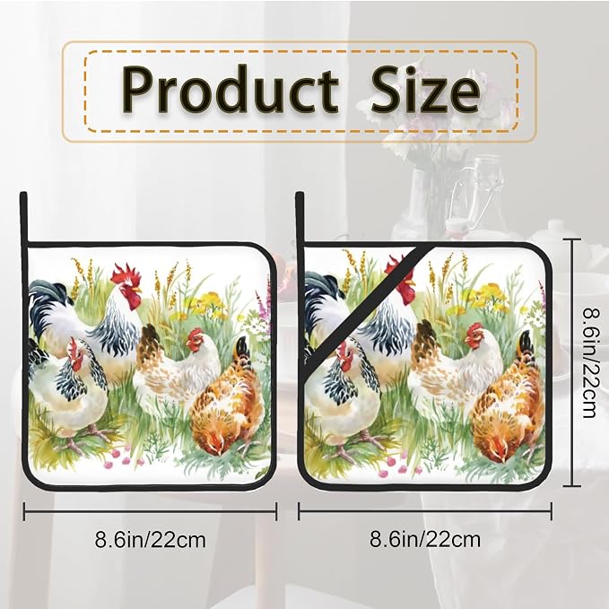 Chicken Rooster Farm Pot Holder Set of 2, Heat Resistant Potholders Oven Hot - Image 2
