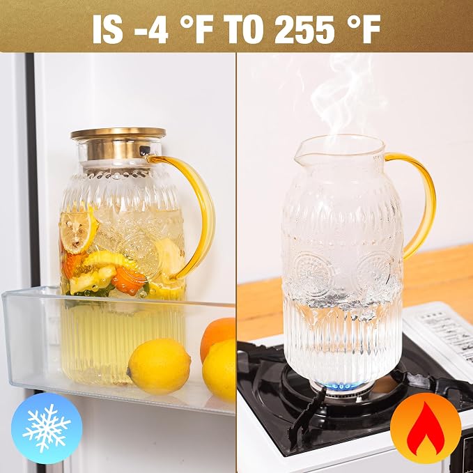 Amzcku Glass Pitcher with Lid, 68 oz/ 2 Liter 2Pack Vintage Water Pitcher - Image 6