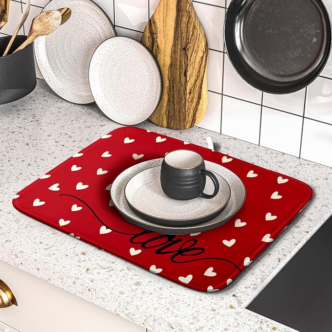 Giwawa Red Hearts Dish Drying Mat 16"x18", Valentines Day Symbol of Love Dish - Image 5