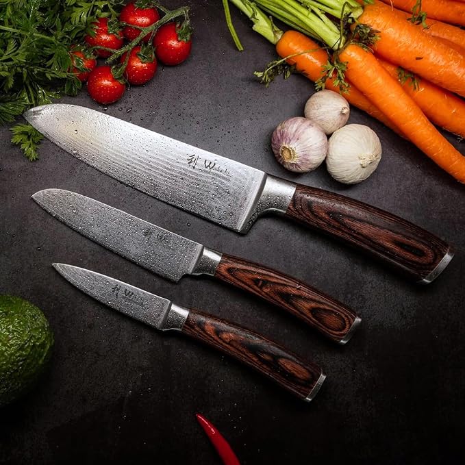 Wakoli EDIB 3-Piece Damascus Kitchen Knife Set in Wooden Gift Box, Razor Sharp - Image 9