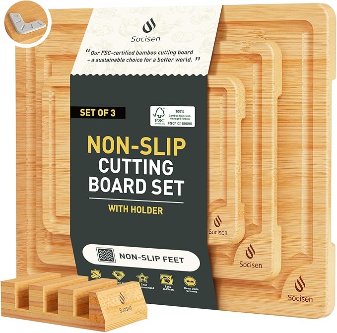 Bamboo Cutting Board Set Non Slip Feet by Socisen