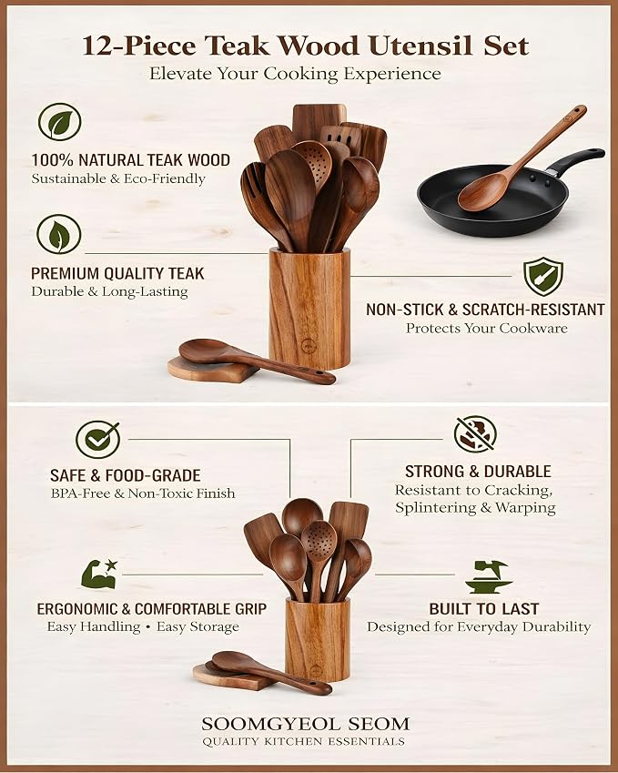 12-Piece Natural Teak Wood Utensil Set - Image 6