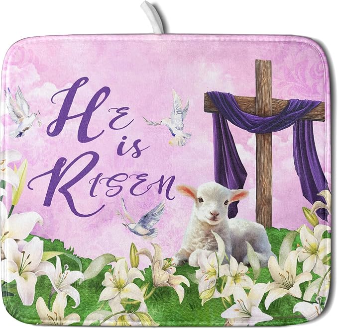 Giwawa Easter Purple Dish Drying Mat, He is Risen Cross Lamb Floral Dish by Giwawa