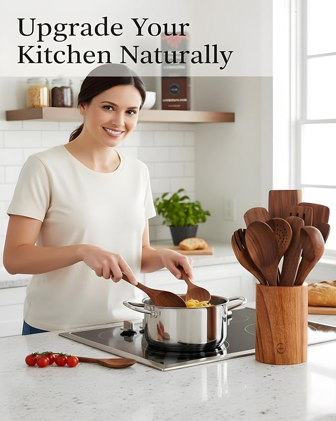 12-Piece Natural Teak Wood Utensil Set - Image 8
