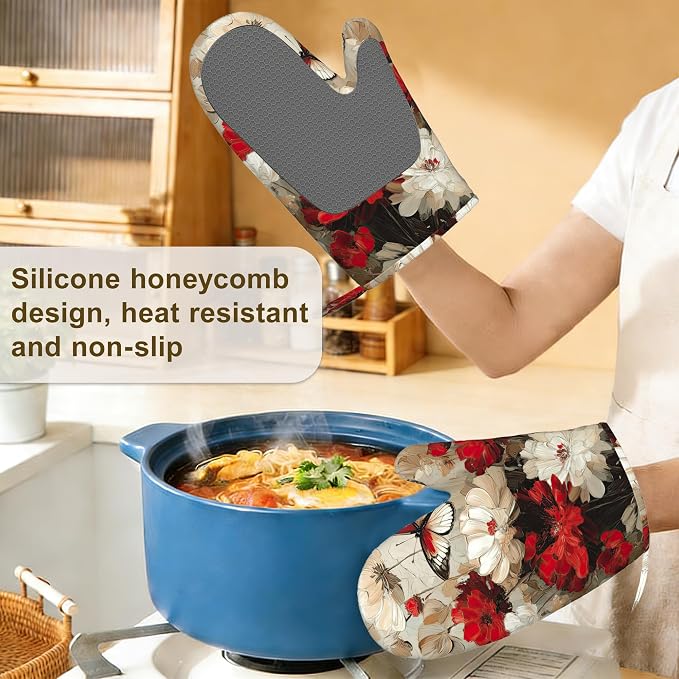 Oven Mitts and Pot Holders White Red Flower Silicone Kitchen Accessories Set of - Image 4