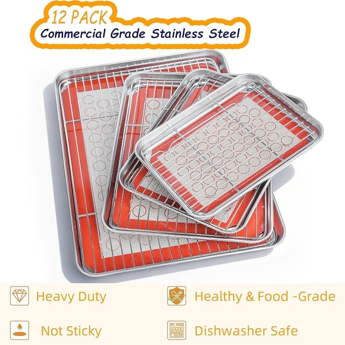 Baking Sheet Pan Set of 12, CEKEE Stainless Steel Cookie Sheets - Image 3