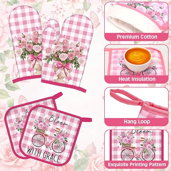 Fourluoo 10 Pcs Pink Rose Kitchen Decor Set Towels and Rugs Oven Mitts and Pot - Image 5