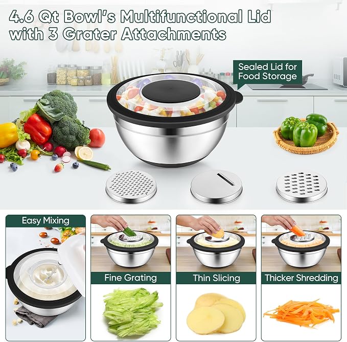 P&P CHEF Mixing Bowls with Lids Set of 3, Stainless Steel Mixing Bowl and - Image 3