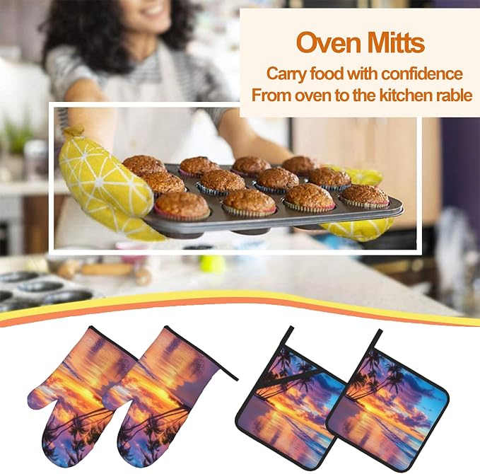 Palm Tree Seaside Pattern Oven Gloves and Hot Pads Set - Image 7