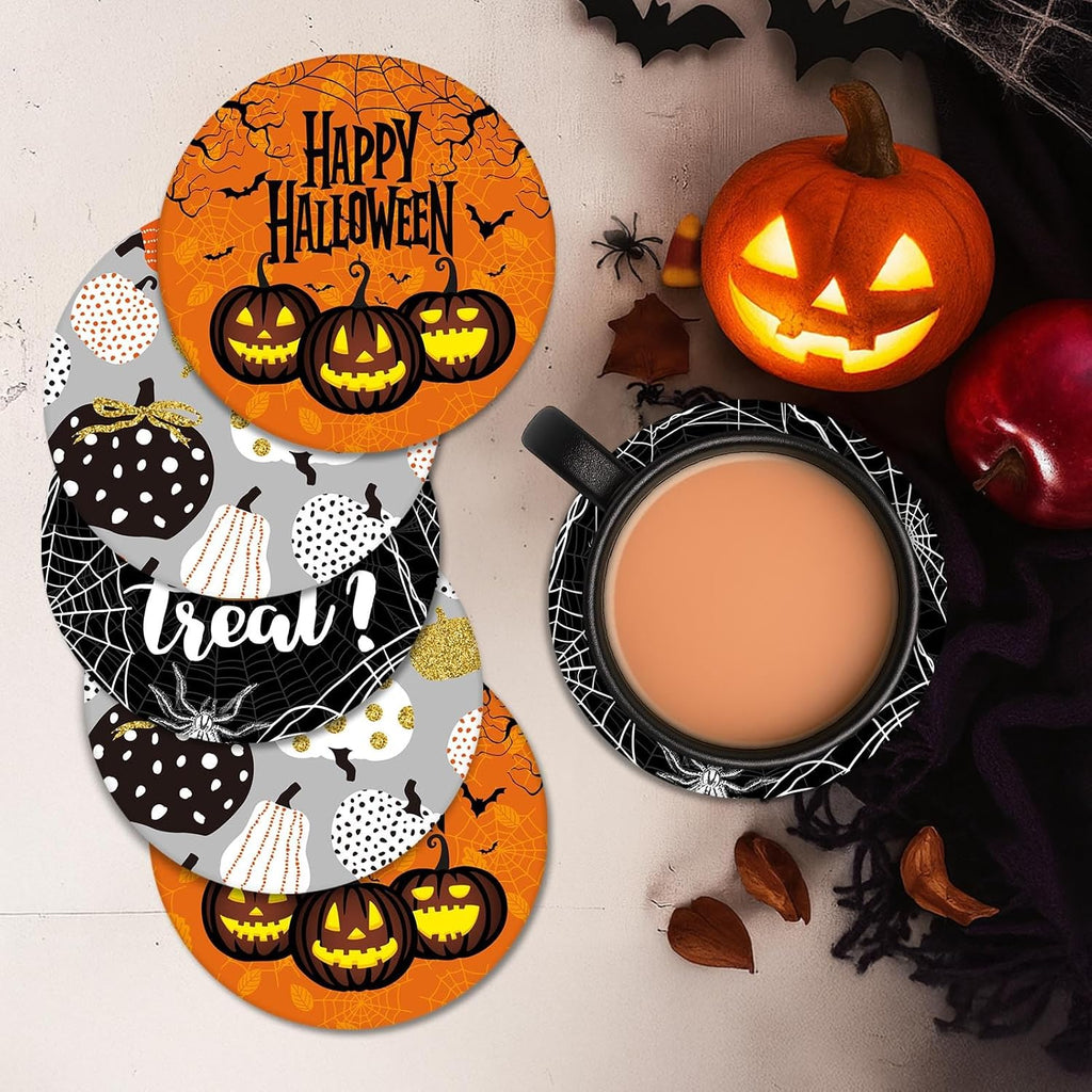 Halloween Ceramic Stone Coasters for Drinks, Set of 6, Pumpkin