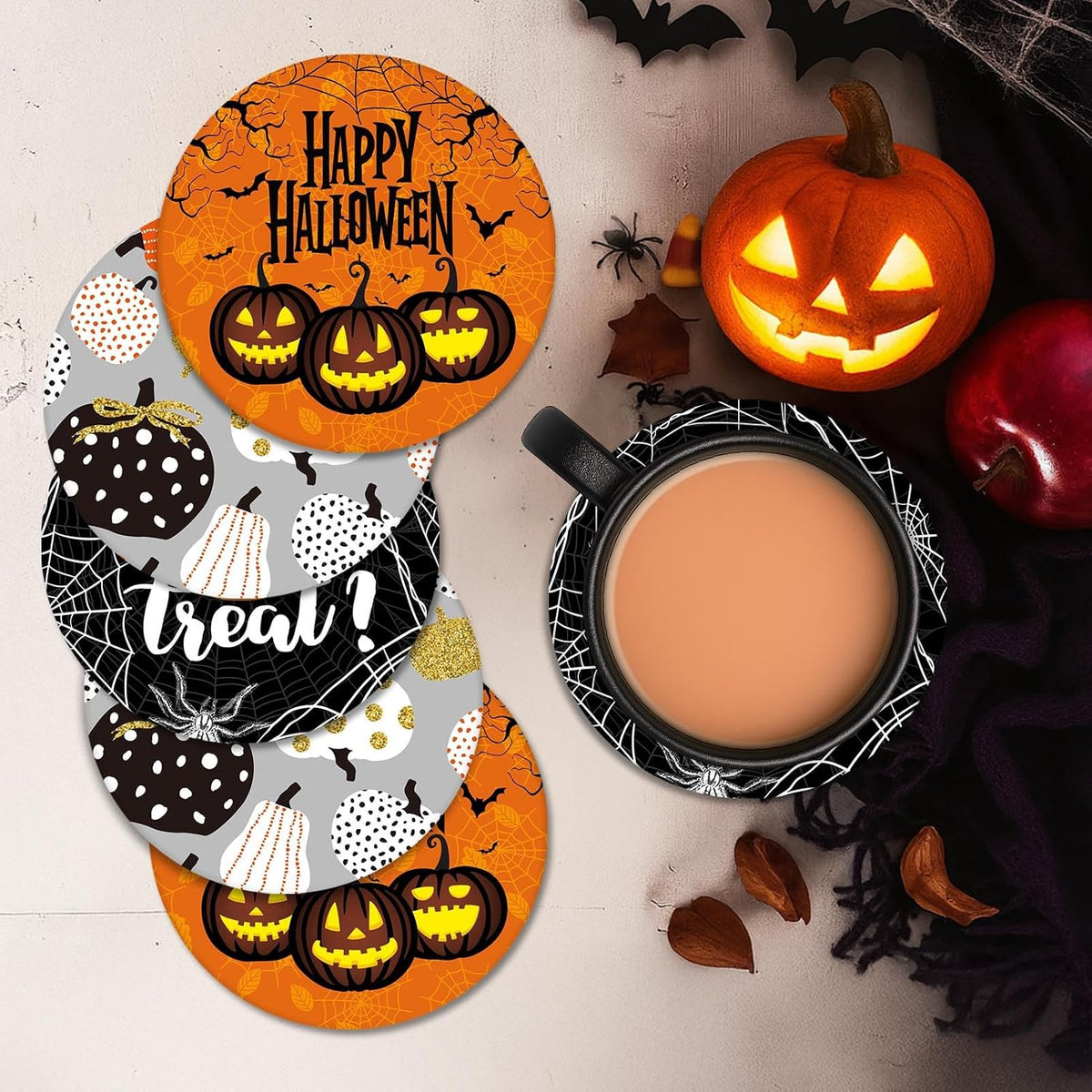 Halloween Ceramic Stone Coasters for Drinks, Set of 6, Pumpkin