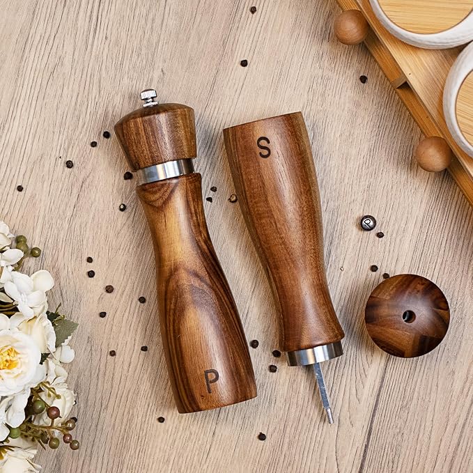 2 Pack Acacia Wood Salt and Pepper Grinder Set, Wooden Salt and Pepper Mill Set - Image 2