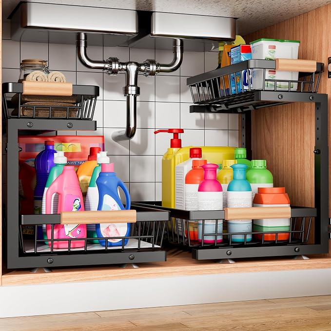 Under Sink Organizer, 2 Pack 2 Tier Under Sink Organizers and Storage, Slide by FAMIDGE