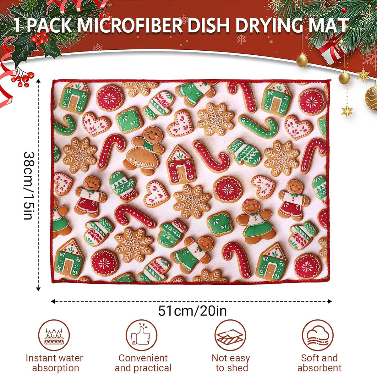 15"x20" Christmas Dish Drying Mat for Kitchen Counter