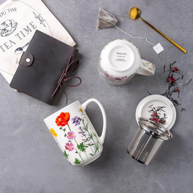 AmorArc Porcelain Tea Mug with Infuser and Lids, 18 Oz Coffee Cup Strainer with - Image 4
