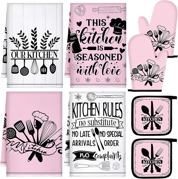 Leinuosen 8 Pcs Kitchen Towels and Oven Mitts Sets Pot Holders Dishcloths Set by Leinuosen