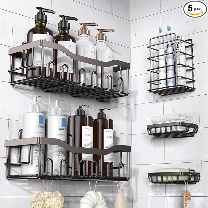 EUDELE 5-Pack Rustproof Stainless Steel Shower Caddy Set– No Drill Adhesive by EUDELE
