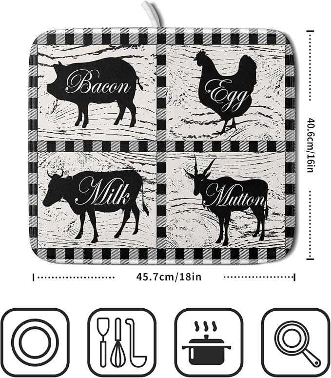 Farmhouse Animal Dish Drying Mat Buffalo Plaid Drainer Rack Mats Fast Dry - Image 2
