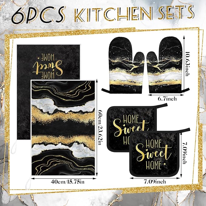 Bencailor 6 Pcs Marble Kitchen Decor Gold Pot Holders Oven Mitts 2 Dish Towels - Image 3