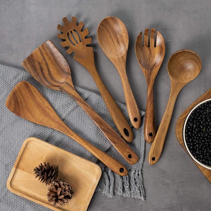 AIUHI 10 Pack Wooden Spoons for Cooking, Teak Wood Kitchen Utensils Set for Non - Image 5