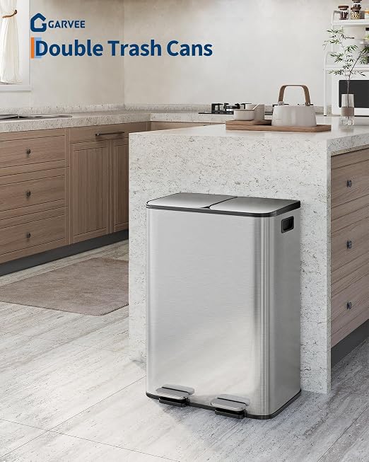 Garvee 2-in-1 Kitchen Trash and Recycle Combo, 30L Stainless Steel Step Trash - Image 2