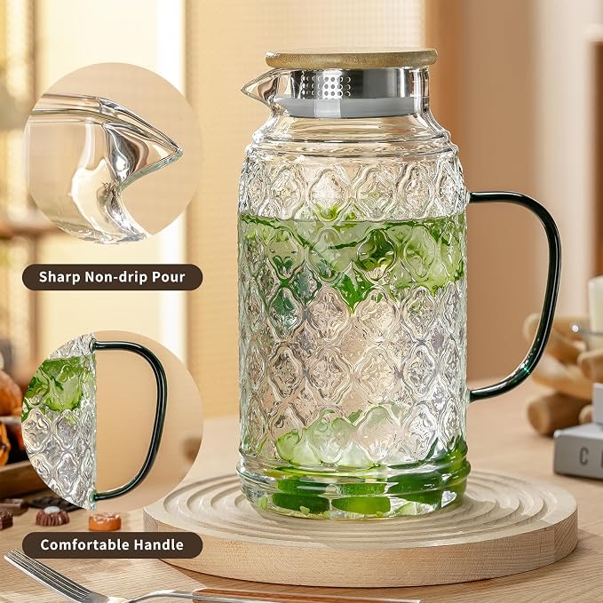 Buaic Glass Pitcher with Lid, 2 PACK 68 oz/2 Liter Vintage Water Pitcher With - Image 6