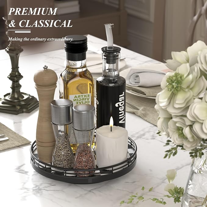 Black and White Kitchen Lazy Susan Turntable – Checkered Round Decorative Tray - Image 4