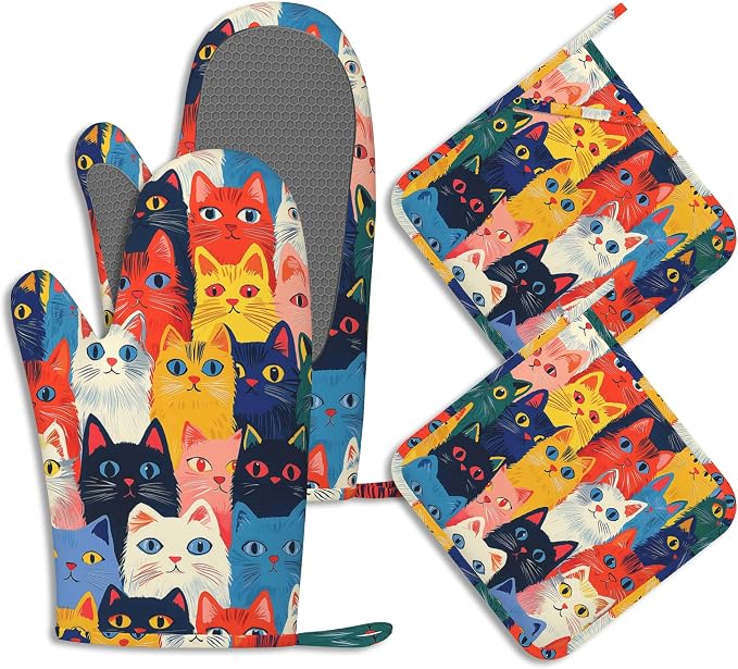Colourful Cats Oven Mitts and Pot Holders Sets of 4 Cute Animal Heat Resistant by BIGXIUKA