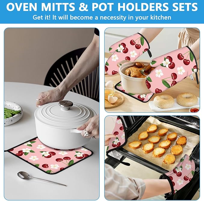 Cherry Oven Mitts and Pot Holders Sets Heat Resistant 4Pcs White Flower - Image 6