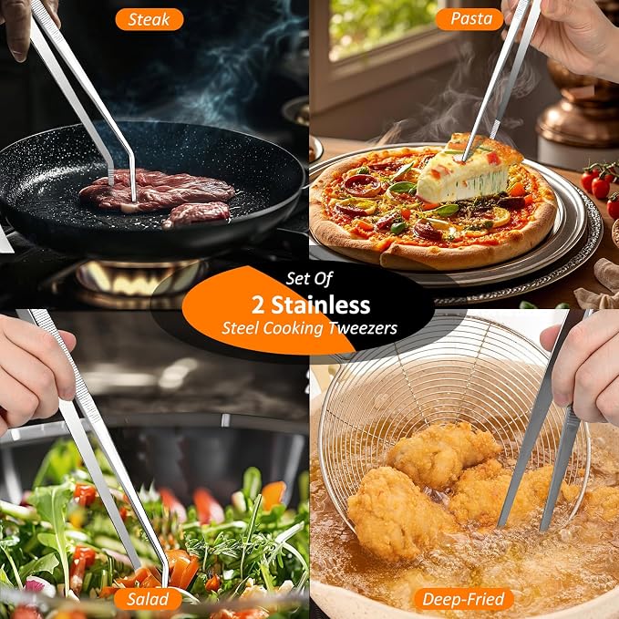 2-Piece Kitchen Tongs Set: Straight & Curved Edge Stainless Steel Non-Slip Grip - Image 5