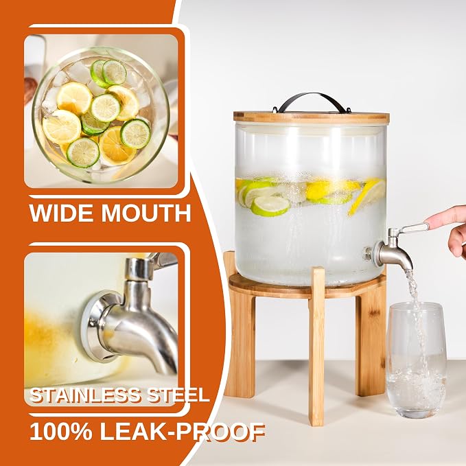 Glass Beverage Dispenser with Bamboo Stand 6.7 In and Lid, Iced 1.5 Gallon - Image 3