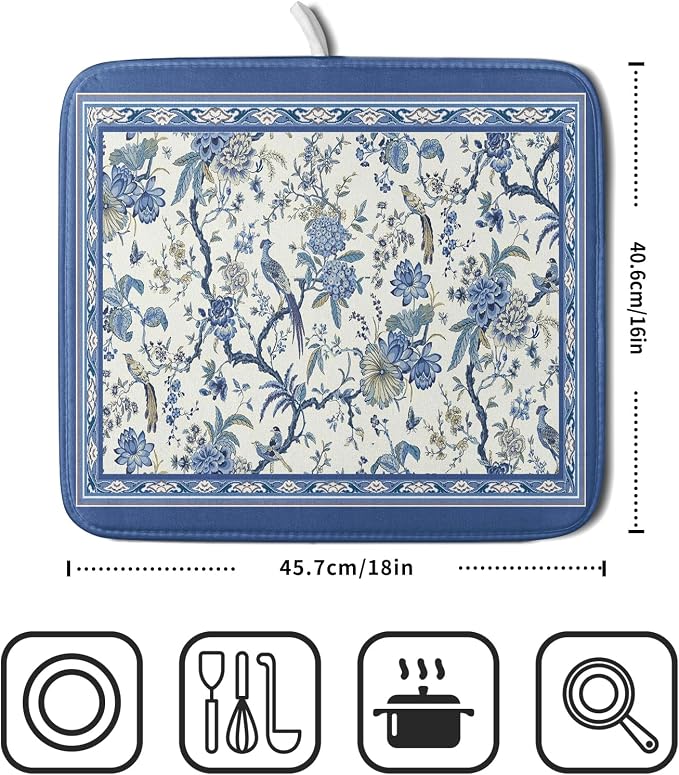 Giwawa Chinoiserie Dish Drying Mat 16x18in Blue White Oriental Floral Birds - Image 2