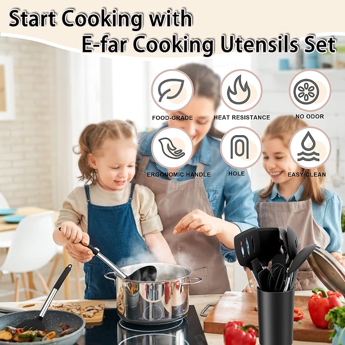 Silicone Cooking Utensils Set, E-far 14-Piece Black Kitchen Utensils Set - Image 7