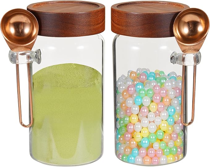 18oz Glass Coffee Jars with Scoop Wood Screw Lid Clear Round Spice Jar Herb - Image 4