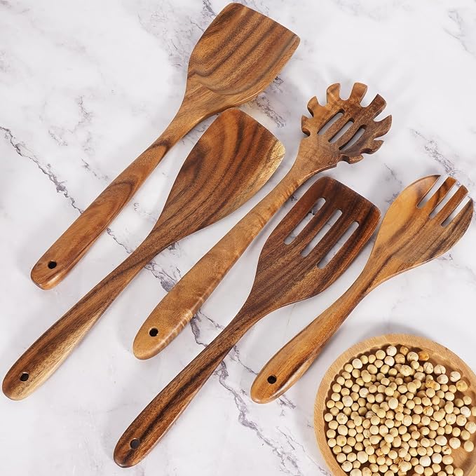 Wooden Spoons for Cooking – 9 Pc Teak Wood Utensil Set, Nonstick Safe & Heat - Image 5