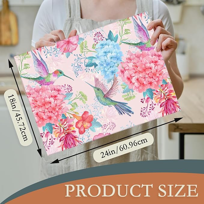 Humming Bird Dish Drying Mats 18x24 Inch, Tropical Flowers Dish Pad Drying Rack - Image 2