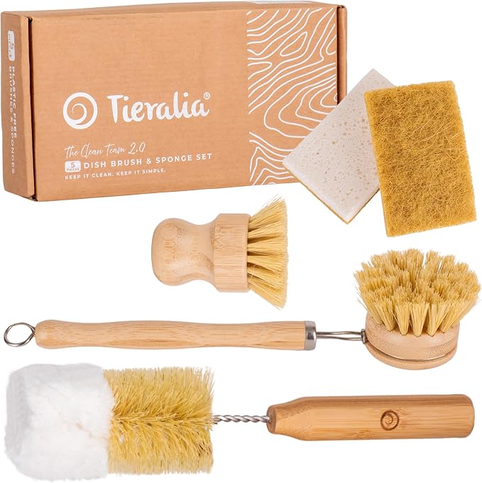 Tieralia Bamboo Dish Brush Set 5 Piece – Eco Friendly Kitchen Cleaning Kit by Tieralia