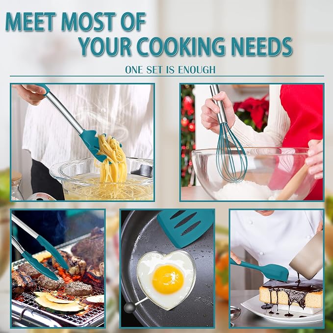 Silicone Cooking Utensils Set, E-far 14-Piece Blue Kitchen Utensils Set - Image 4