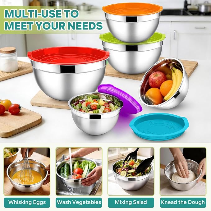 E-far Mixing Bowls With Lids Sets of 5, 10-Piece Stainless Steel Salad Metal - Image 5