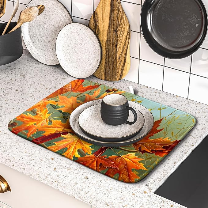 Giwawa Fall Birds Dish Drying Mat 16x18 Inch Autumn Maple Leaf Tree Dish - Image 5
