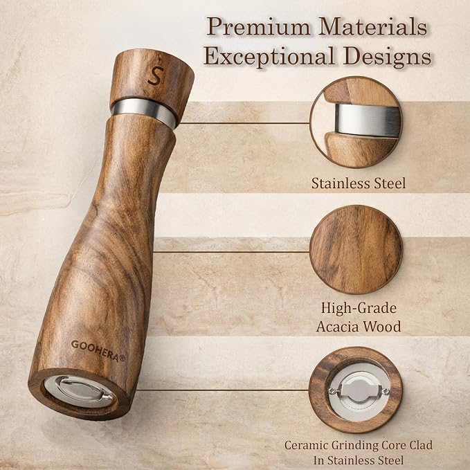 Premium Acacia Wood Salt & Pepper Grinder Set, 8-Inch Manual Mills - Image 5