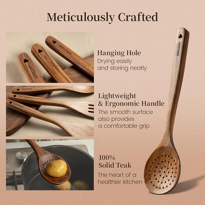 Kikcoin 10 PCS Durable Natural Teak Wooden Cooking Utensil Set, Non Toxic - Image 6
