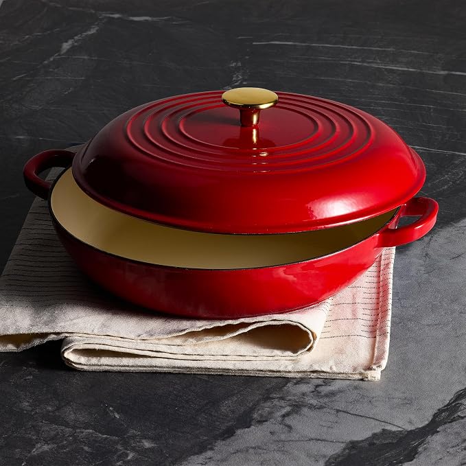 CAROTE 3.4QT Enameled Cast Iron Braiser Pan, Shallow Dutch Oven Casserole - Image 5