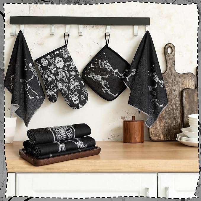 Leinuosen 6 Pcs Skull Kitchen Decor Set, Skull Kitchen Towels Gothic Oven Mitts - Image 5