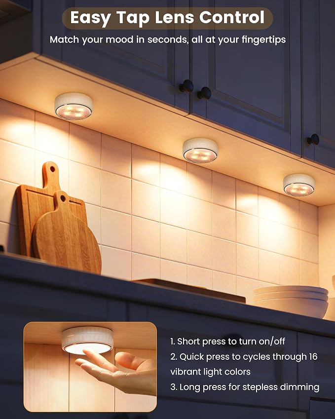 LED Puck Lights with Remote Control & Timer, Battery Operated Under Cabinet - Image 2
